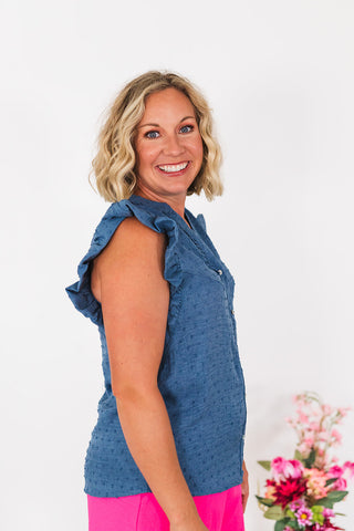 Swiss Dot Ruffle Sleeve Top - Denim