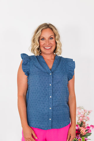 Swiss Dot Ruffle Sleeve Top - Denim
