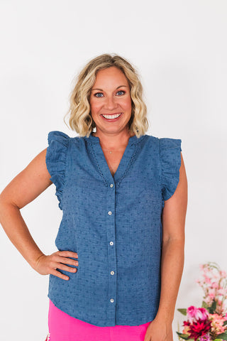Swiss Dot Ruffle Sleeve Top - Denim