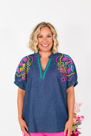 Rumor Has It Denim Top - Dark Wash
