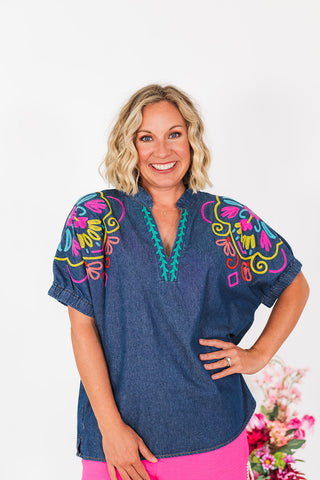Rumor Has It Denim Top - Dark Wash