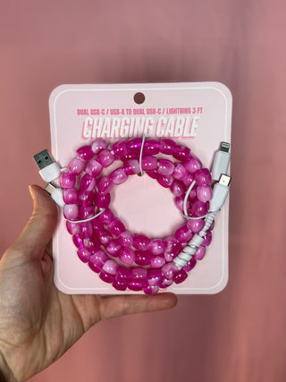 Beaded Charging Cord - Hot Pink Marble
