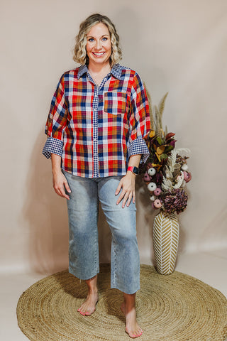 Pretty In Plaid Top - Navy