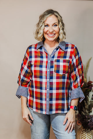 Pretty In Plaid Top - Navy